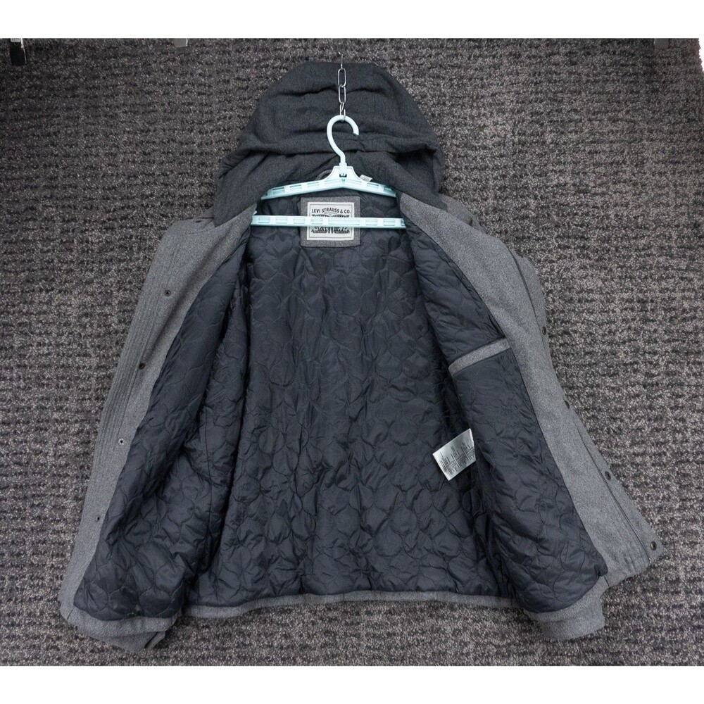 Levis Jacket Mens Large Gray Hooded Zipped Quilt Lined Wool Blend Field Military - Picture 5 of 16